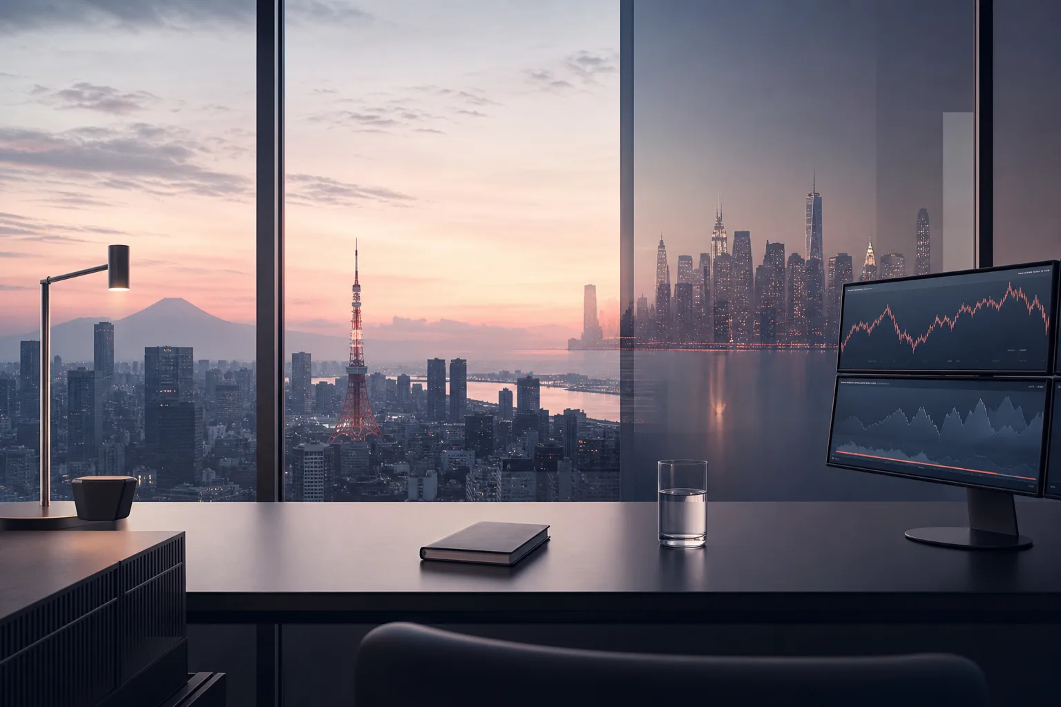 A trading desk at dawn overlooking Tokyo
