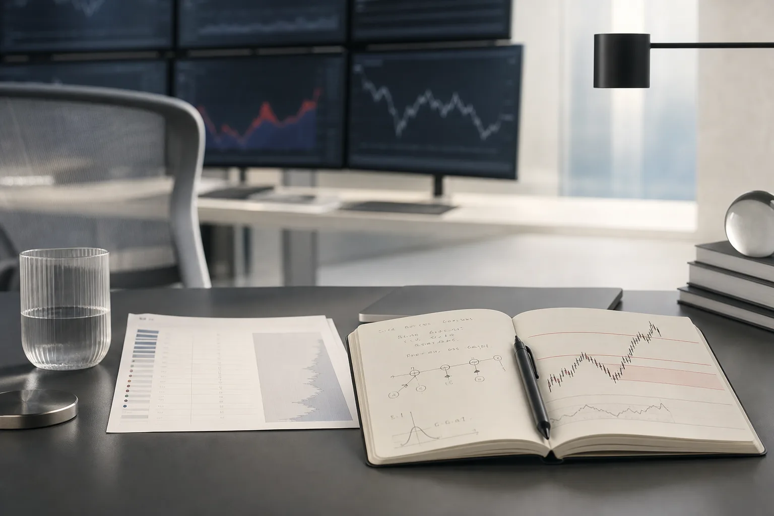 Bureau de trading avec calendrier économique, calculs de risque et niveaux de stop loss après une publication macroéconomique.