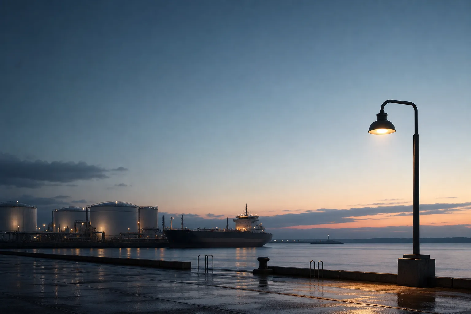 A European oil terminal at dusk, with storage tanks and a vessel at the quay.
