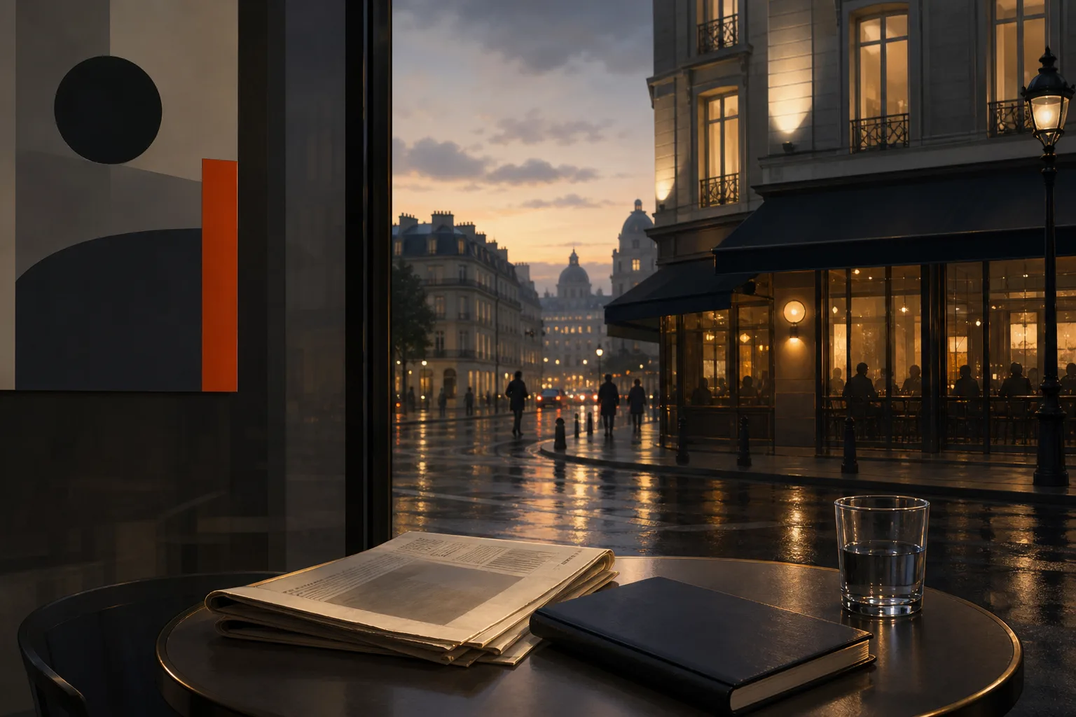 Carnet fermé et journal sur une table de café dans un quartier de bureaux parisien à la tombée du jour.