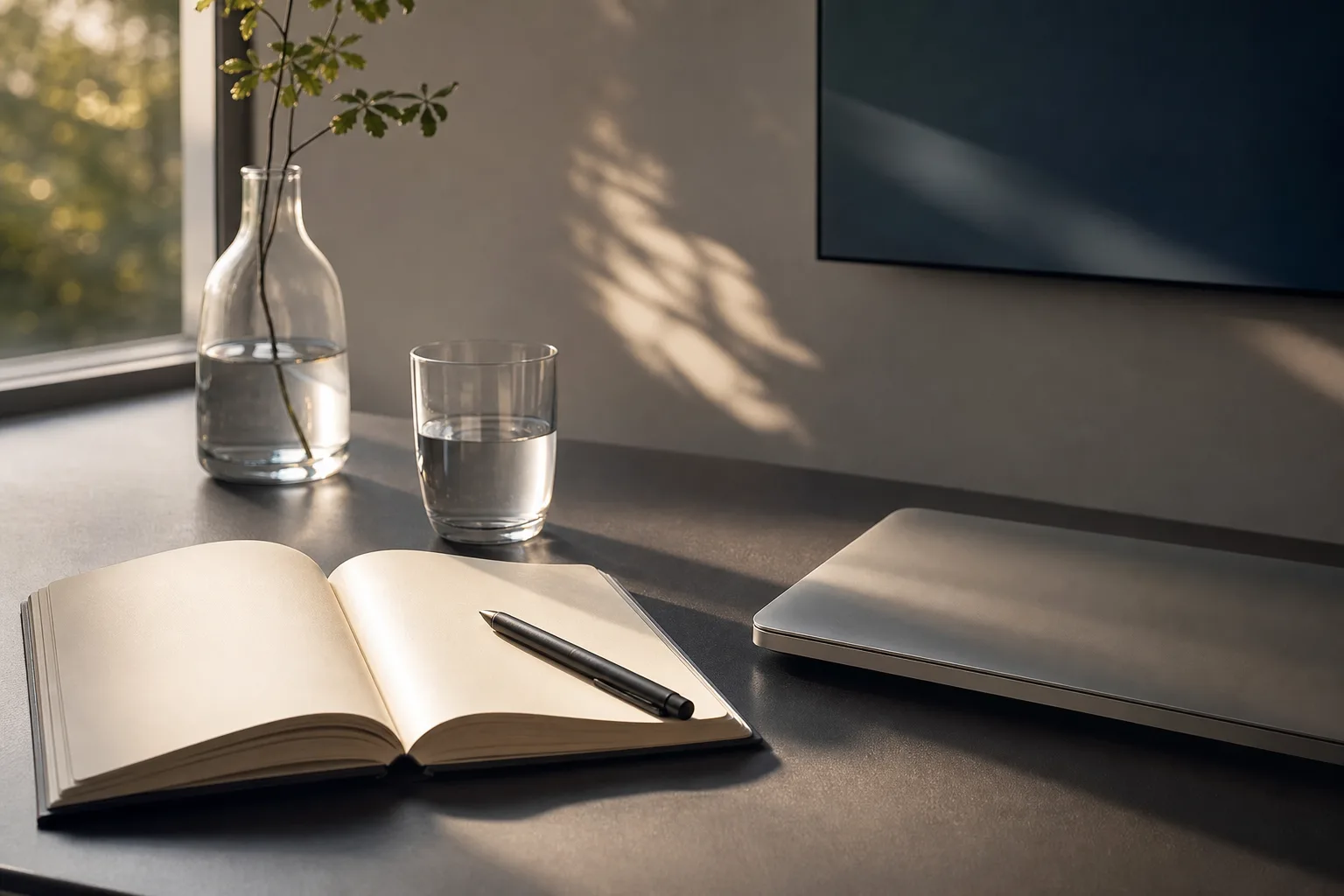 An open notebook and a closed computer on a desk illuminated by late-afternoon light.