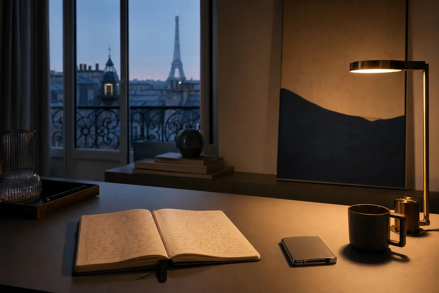 A tracking notebook, hardware wallet and coffee cup in a Paris workspace before sunrise.