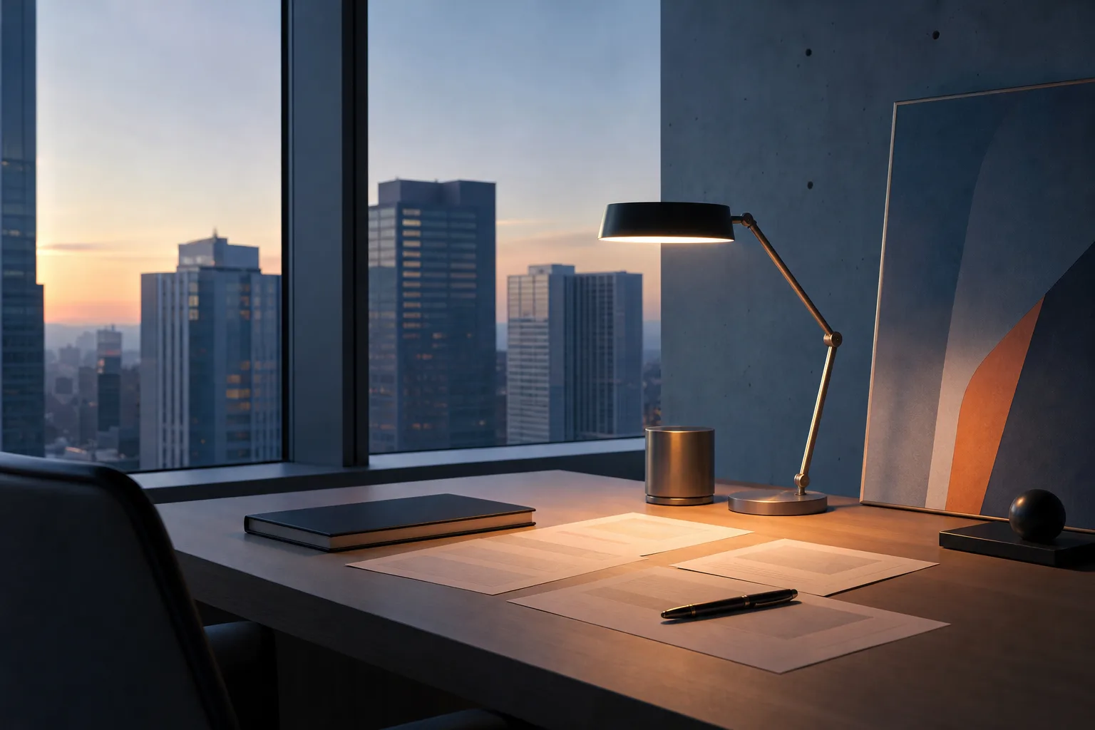 Bureau d’analyste à l’aube, avec un carnet fermé et des documents éclairés par une lampe.