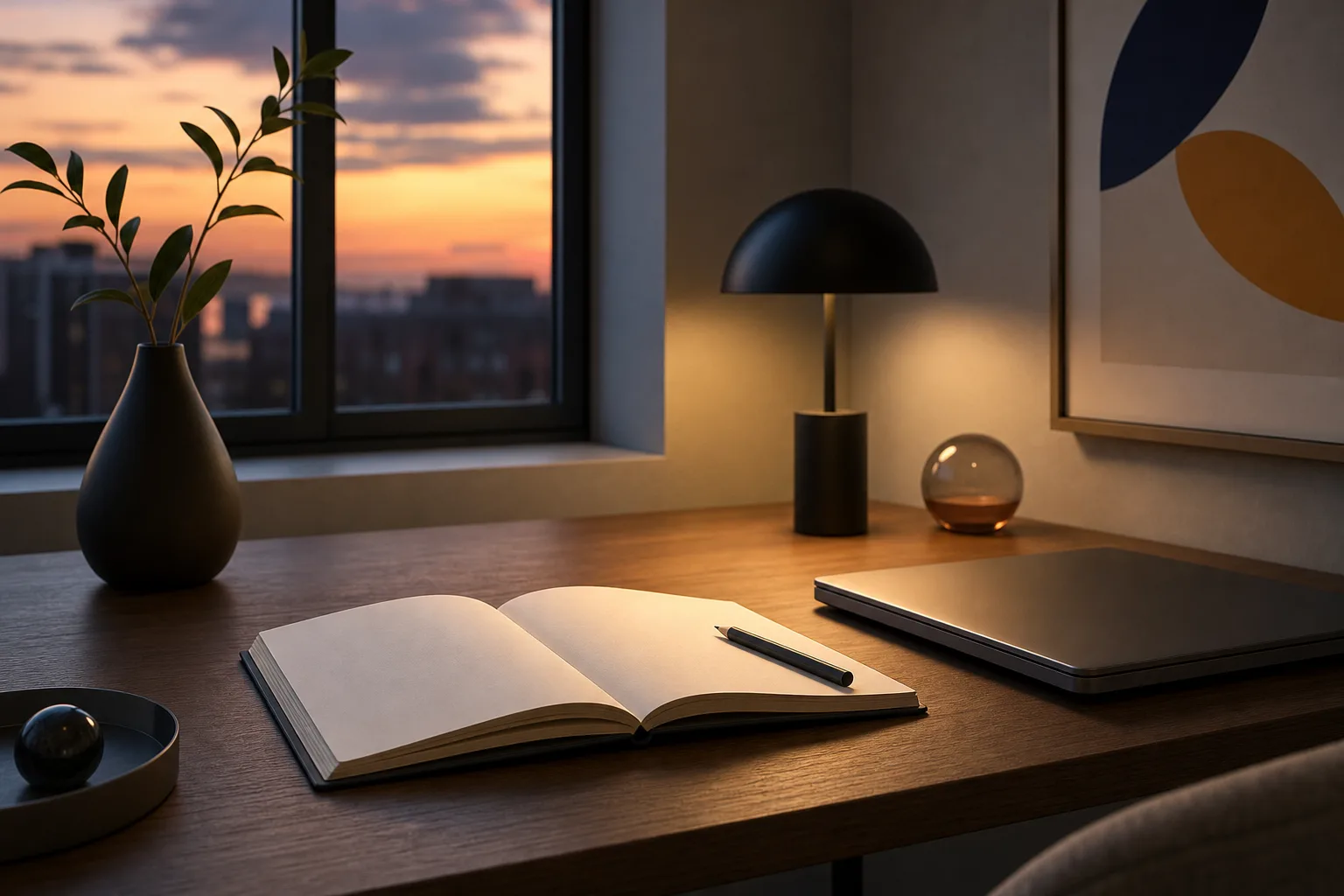 An open notebook and a closed laptop on a desk lit by evening light.