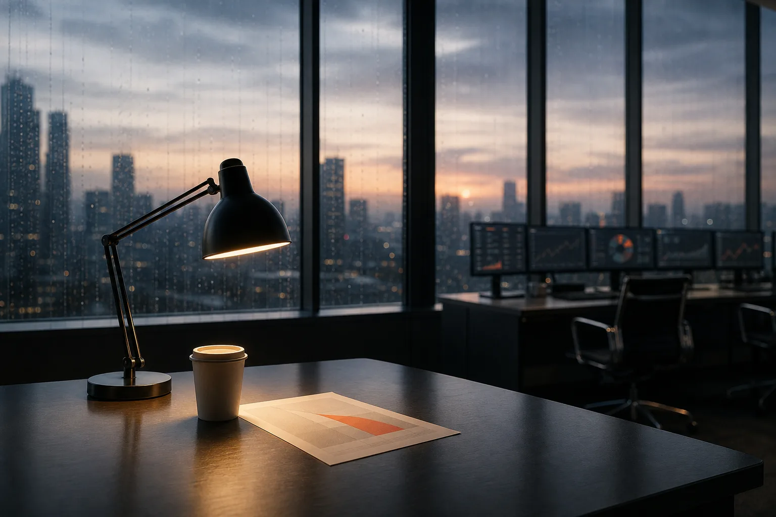 An empty bond-trading room at dawn, with a desk lamp glowing beside a coffee cup and rain on the windows.