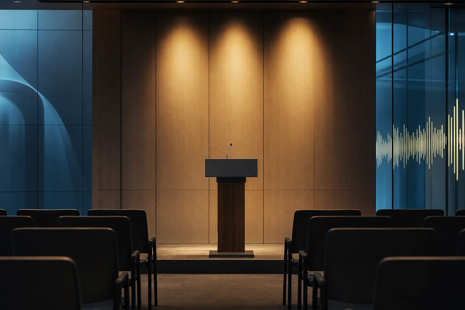 Pupitre et micro vides dans une salle de conférence de presse avant le discours d'un banquier central
