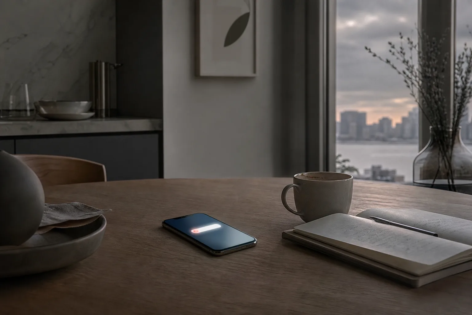 A smartphone lit up on a kitchen table at dawn, beside a coffee and a notebook