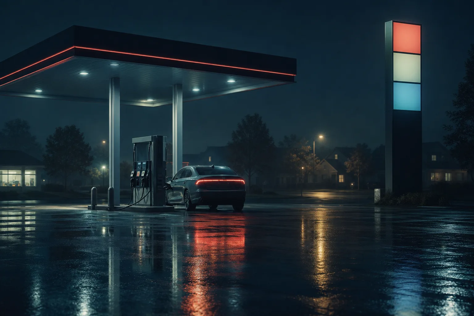 Une station-service américaine la nuit, le panneau des prix éclairé au-dessus d'une voiture à la pompe