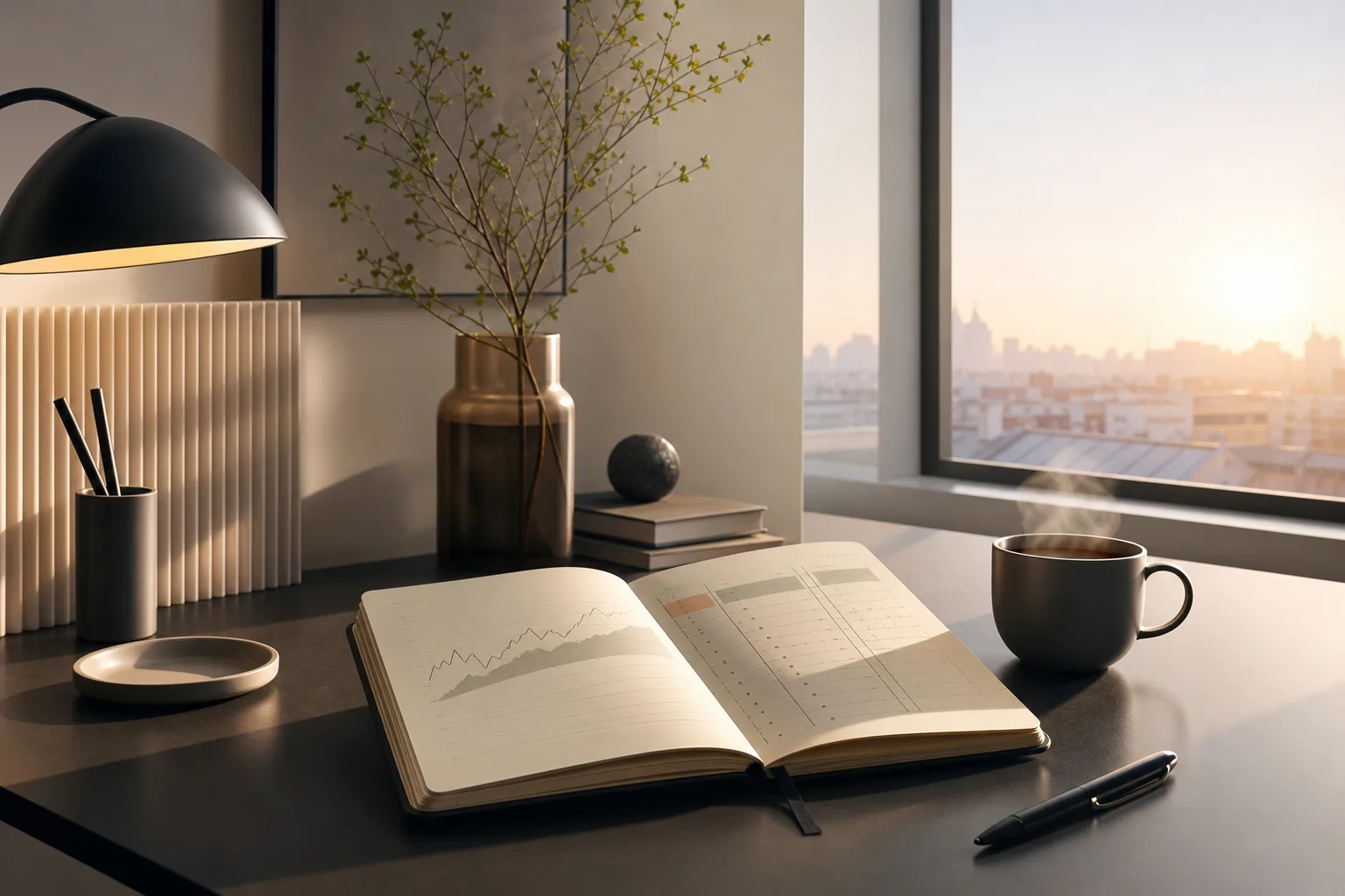 Trading journal open on a desk at dawn beside a cup of coffee