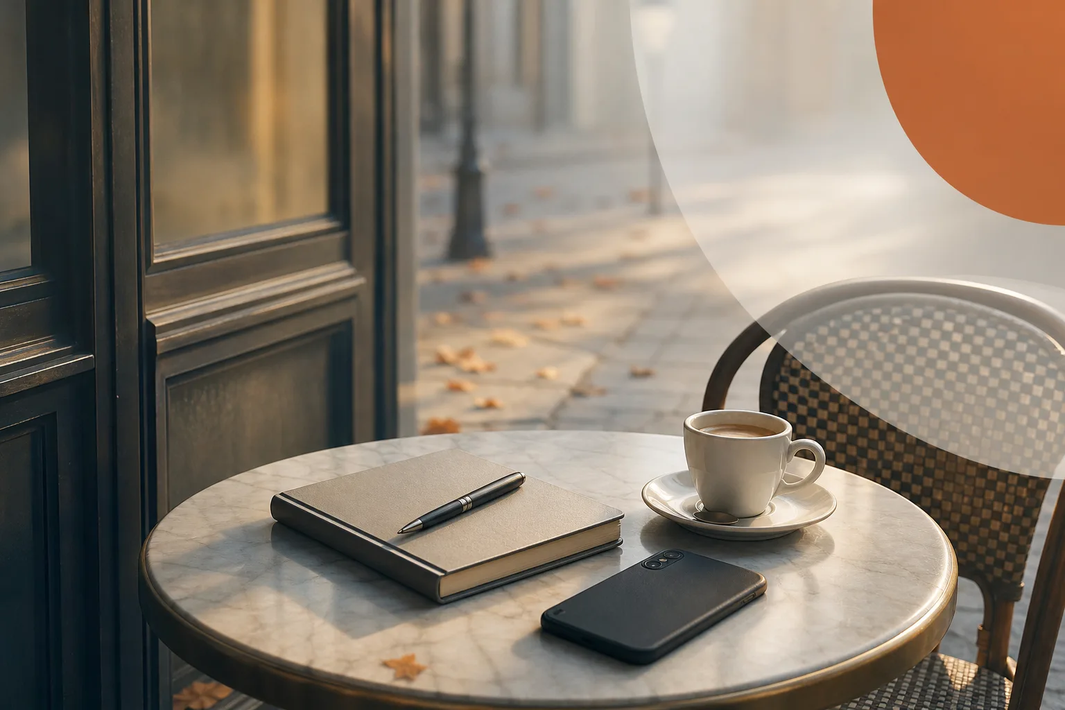 Table de café parisien un dimanche matin d'automne, carnet fermé, stylo et expresso, téléphone retourné