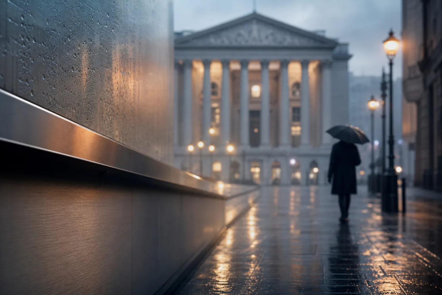 Bank of England facade in the rain at dusk