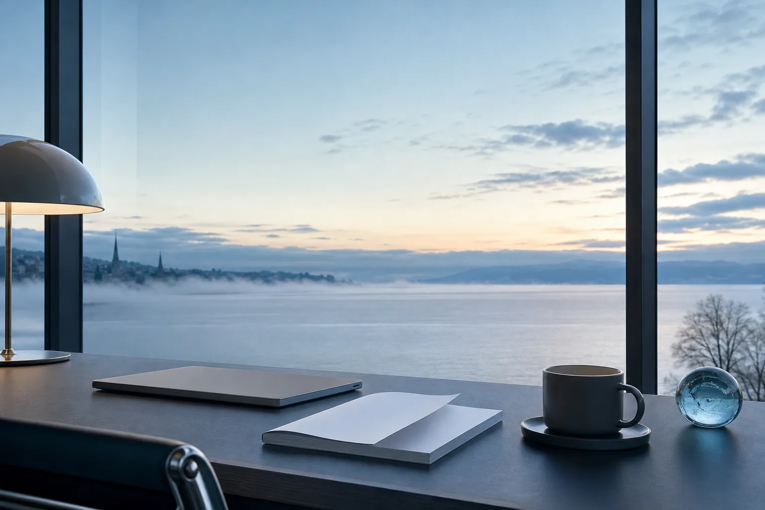 Un bureau de trader face au lac de Zurich à l'aube, avec un prospectus de fonds posé sur la table