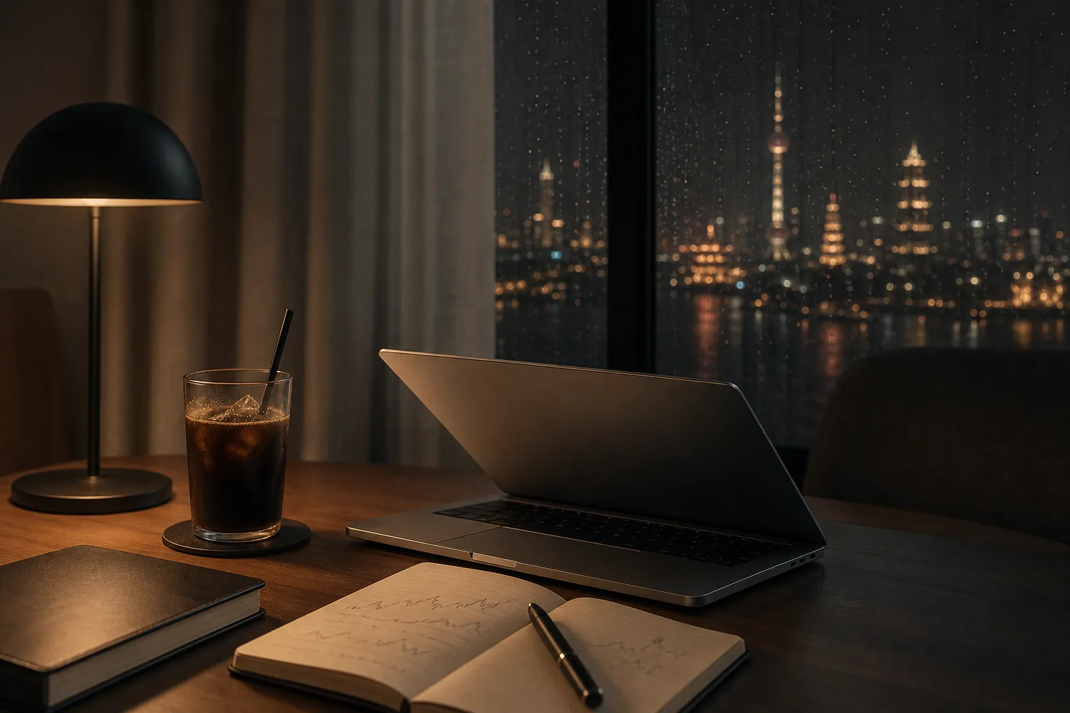 Un carnet de notes de trading et un ordinateur portable sur une table, de nuit, sous une lampe