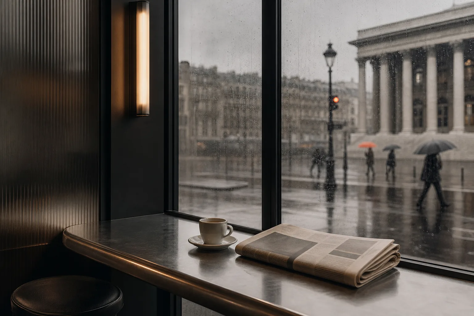 A folded financial newspaper and a coffee on the counter of a Parisian bistro on a rainy morning