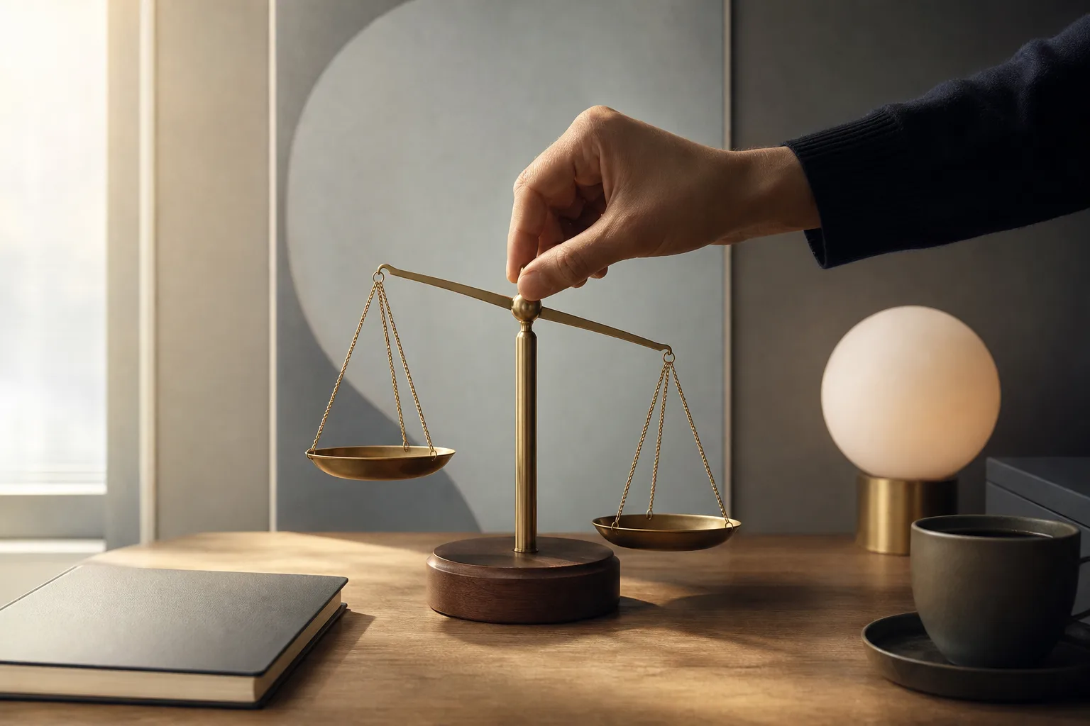 A hand adjusts a brass balance on a trading desk in the morning light