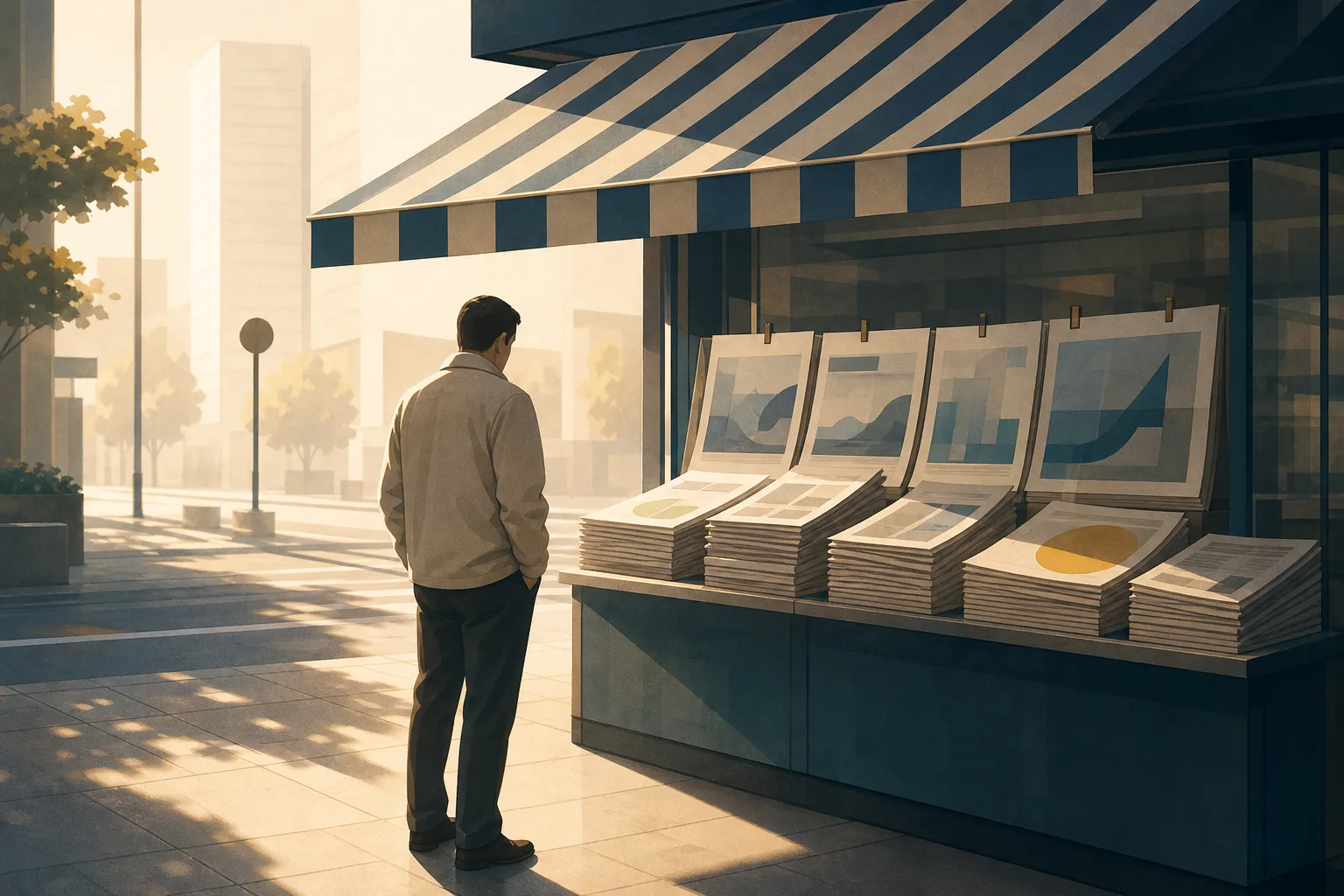 Brazilian newsstand at dawn, with a passerby stopping to look at the headlines the morning after the election