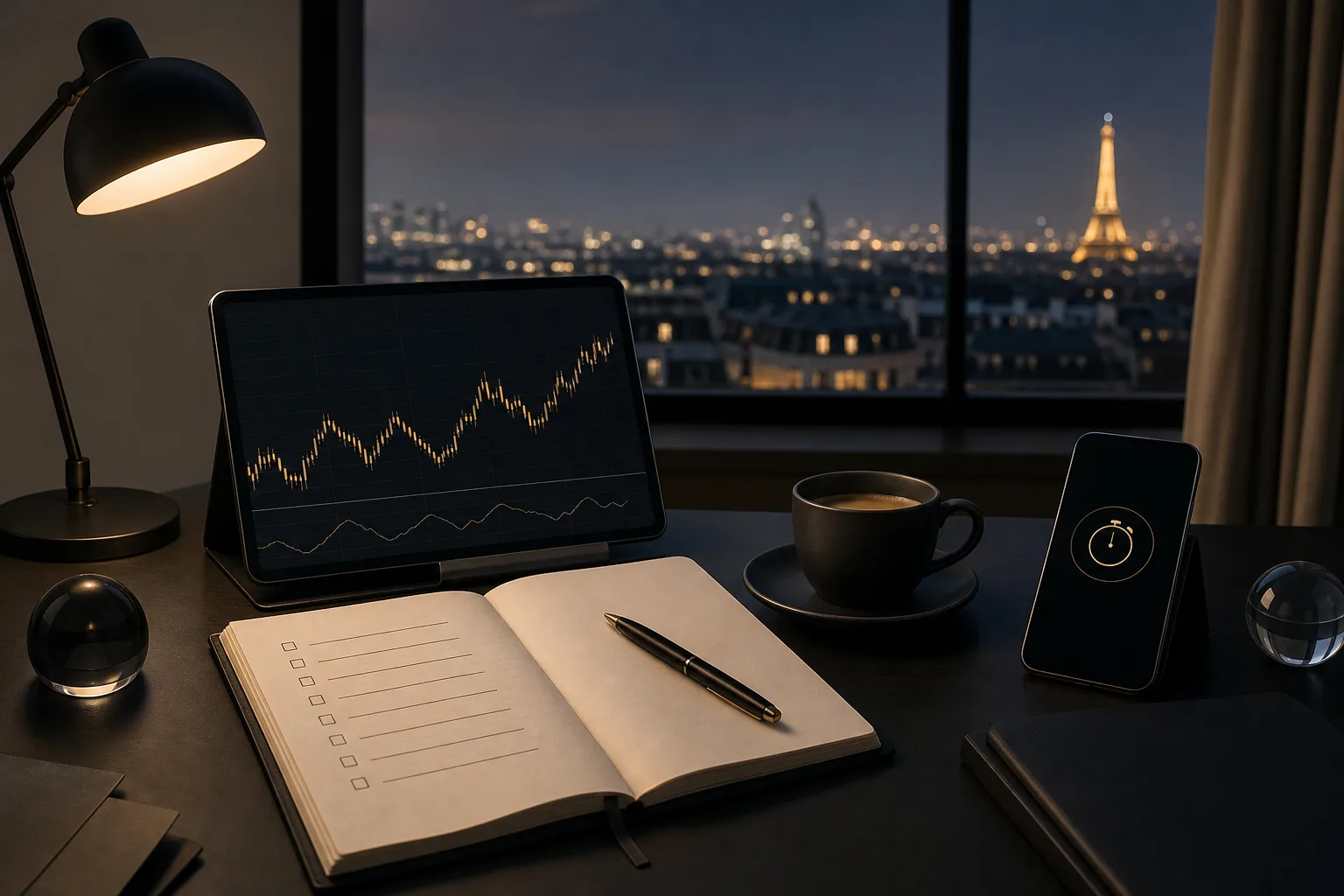 Trader's desk at night, with an open notebook and an alarm clock set before a central bank announcement