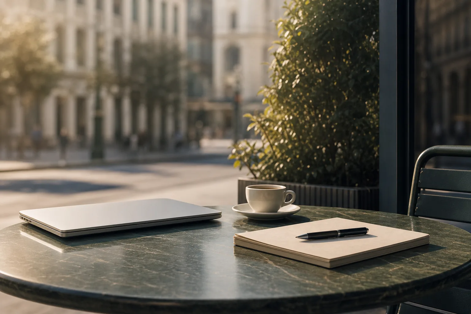 A patio table at noon with a closed laptop, a coffee, and an open notebook