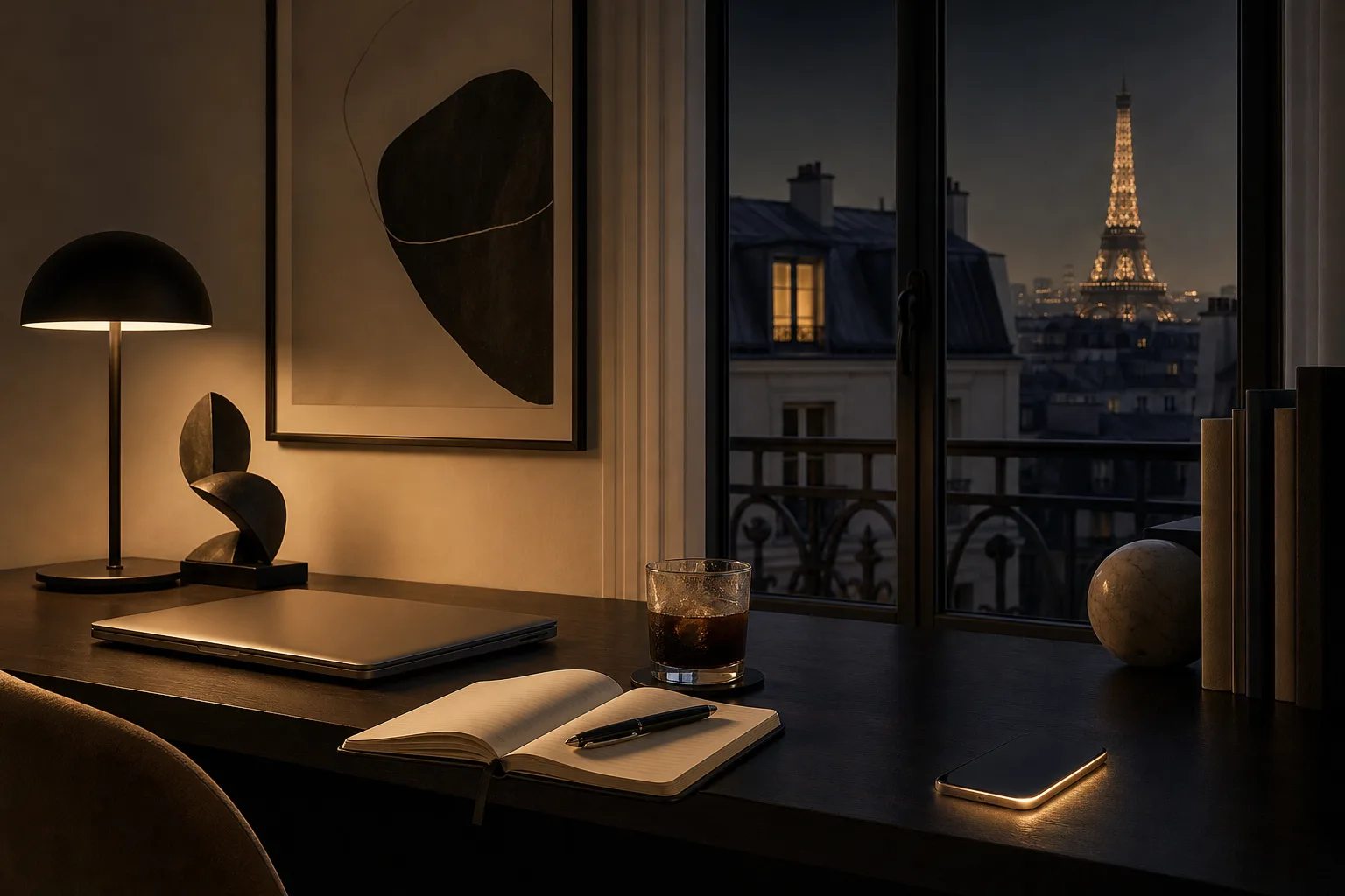 Un bureau de trader dans un appartement parisien, tard le soir, ordinateur fermé et carnet ouvert sous une lampe