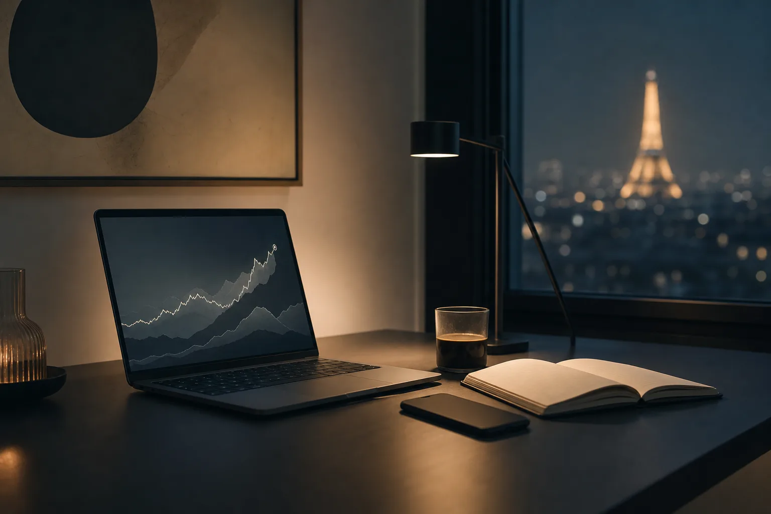 Trader’s desk late at night, computer on, notebook open and cooling coffee in front of a city-view window