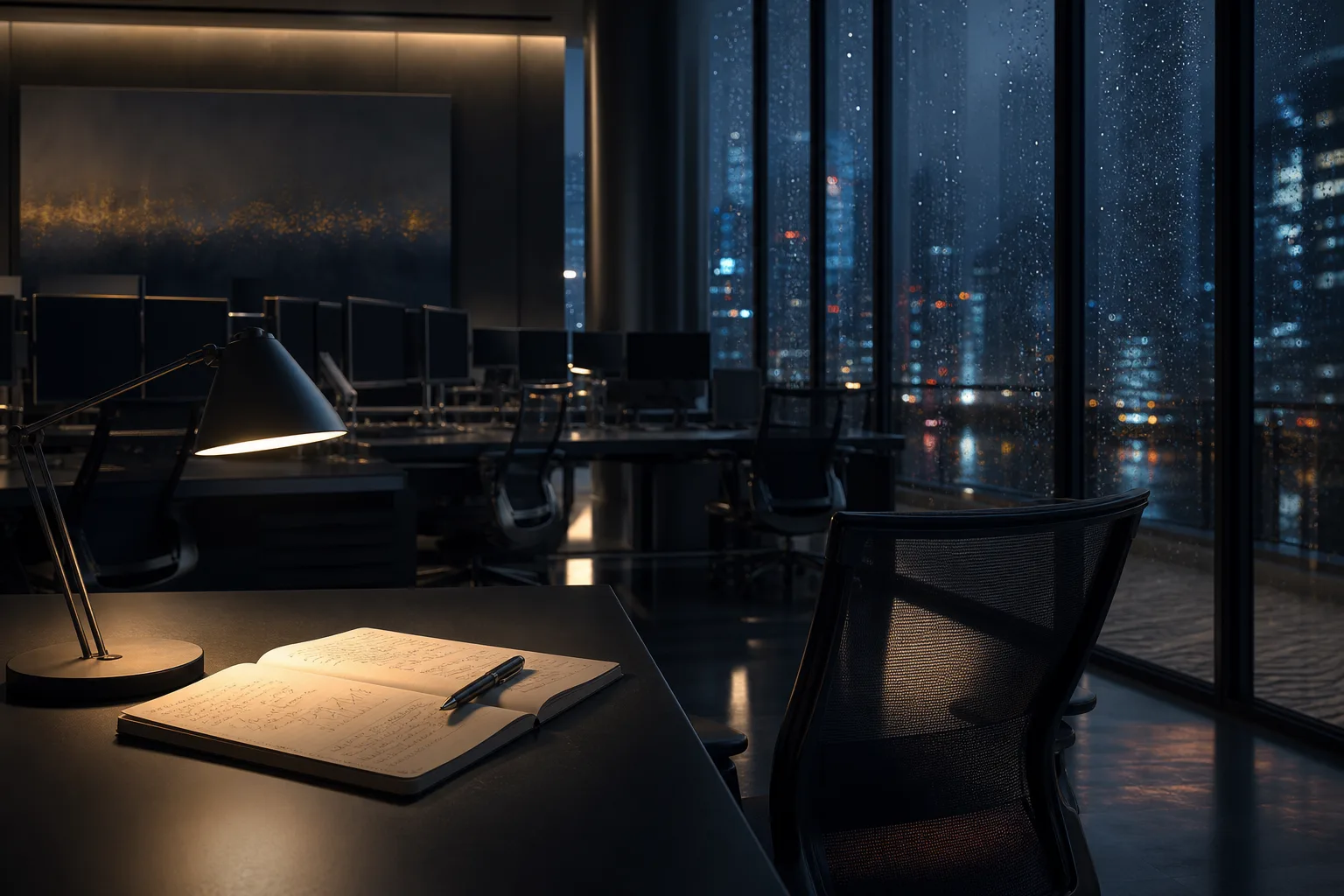 Empty trading room on a Friday evening, with a lamp lit above a notebook