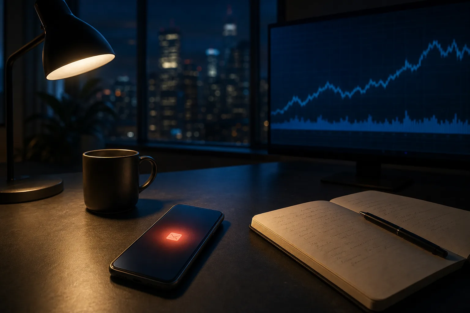 A trader’s desk at night, with a smartphone displaying a suspicious email beside a notebook